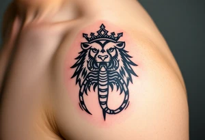 a powerful and majestic lion with a crown and in the middle of this crown , a realistic scorpion, tattoo idea