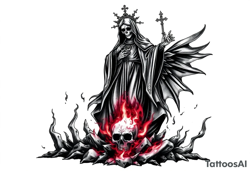 Magnificent Santa muerte rising out of the ashes of hell to claim a soul tattoo idea