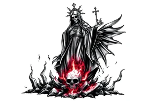Magnificent Santa muerte rising out of the ashes of hell to claim a soul tattoo idea