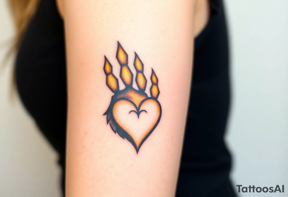 A lion paw imprint with golden highlights and the heart tattoo idea