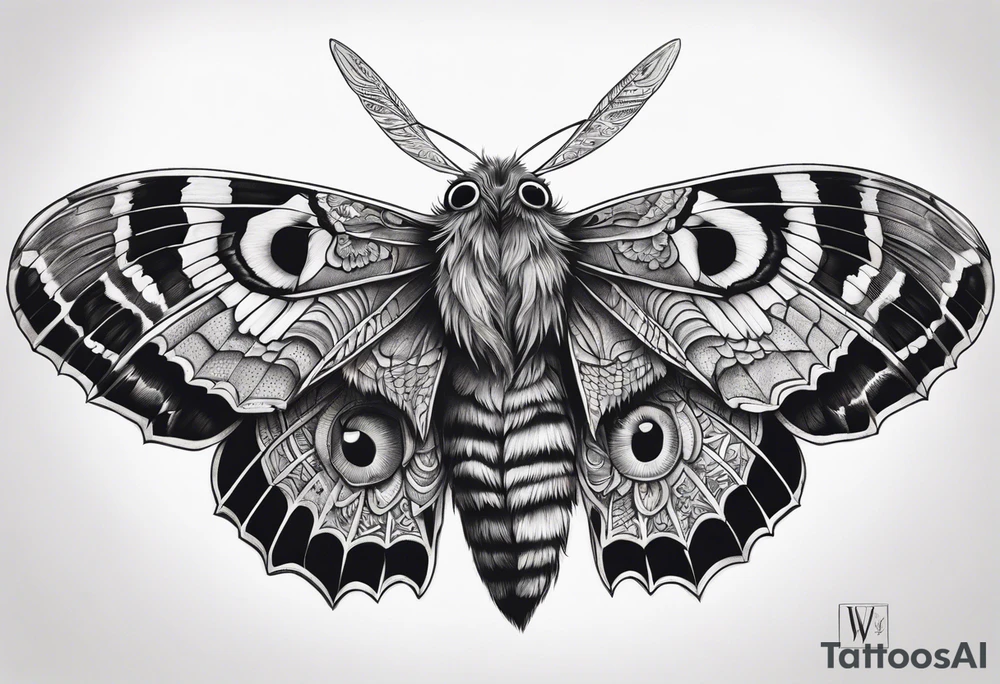 Dead head moth with long wings and owl eyes tattoo idea
