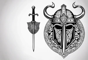 Valhalla viking helmet 
Sword shield tattoo idea