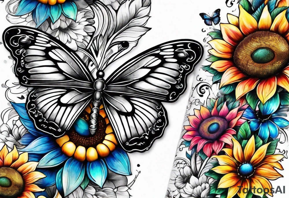 arm sleeve with winged cross, rainbow sunflowers and butterflies tattoo idea