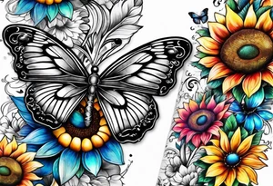 arm sleeve with winged cross, rainbow sunflowers and butterflies tattoo idea