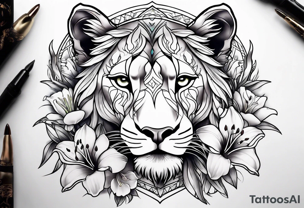Tribal Lioness with lilies all over tattoo idea