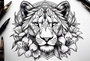 Tribal Lioness with lilies all over tattoo idea