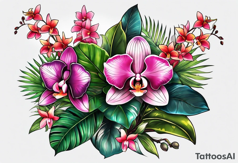 Tropical plants and orchids full sleeve tattoo idea
