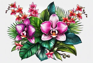 Tropical plants and orchids full sleeve tattoo idea