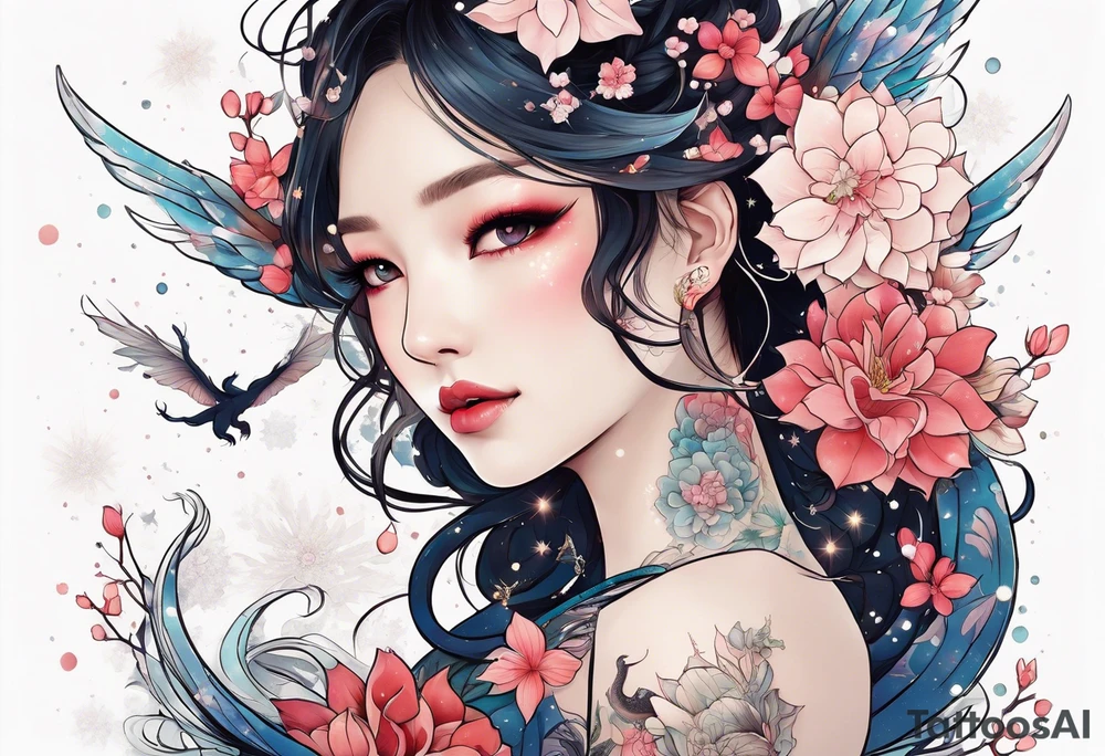 Constellation, wing , snow , cross , dragon female japan kawaii , flower tattoo idea