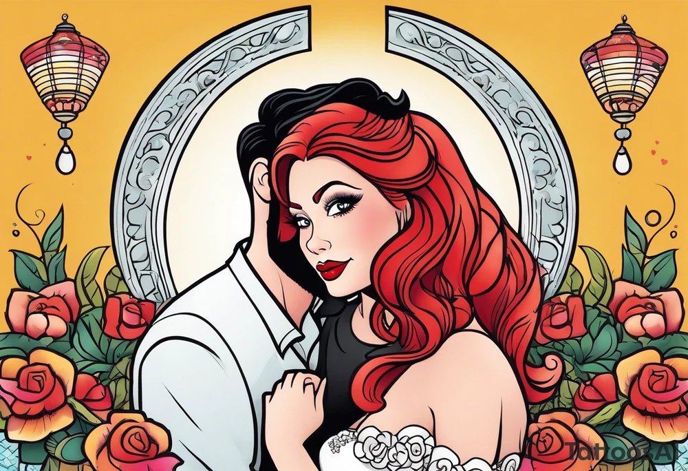 Busty red haired woman and a bearded man with black hair getting married tattoo idea