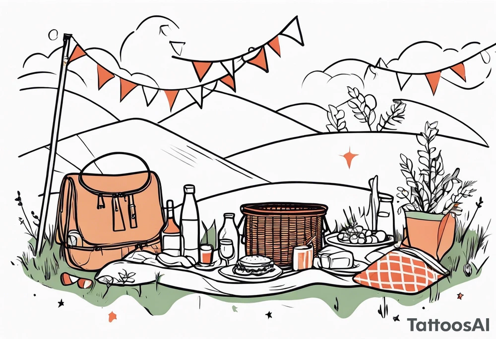 picnic scene in nature with a sheckers blanket, basket, pillows and party pennants. Thin lines. tattoo idea