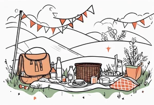 picnic scene in nature with a sheckers blanket, basket, pillows and party pennants. Thin lines. tattoo idea