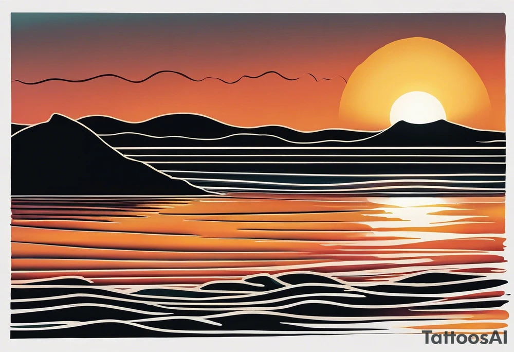 Sunset from the perspective of being on a boat on the ocean. The waves are very calm and there is no land in site. There are slight reflections of the sun on the water. The tattoo will be in landscape orientation on the forearm, rought 3 inches wide and 2 inches tall. The style is incredibly minimal and simple. Mostly black with small splashes of color from the sun. tattoo idea