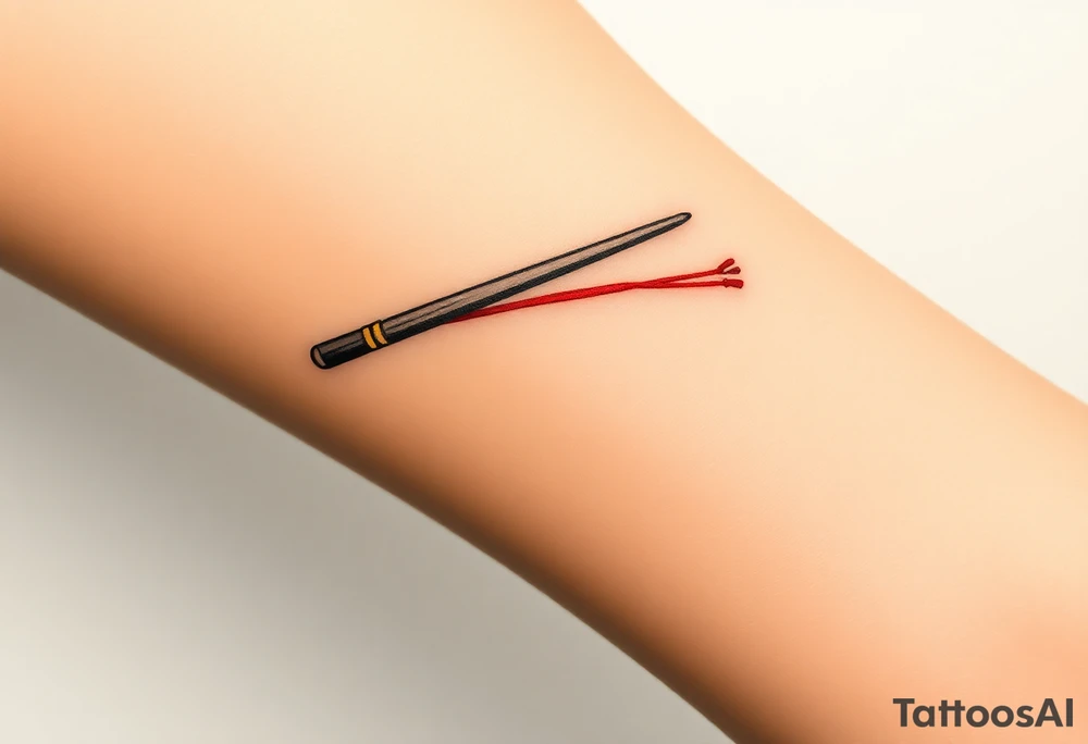 chinese chopsticks with a red thread by the end of it,
about 5cm long , 1 cm wide
it goes into the anterior part of the left wrist tattoo idea