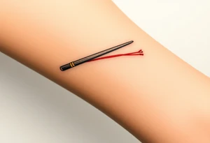 chinese chopsticks with a red thread by the end of it,
about 5cm long , 1 cm wide
it goes into the anterior part of the left wrist tattoo idea