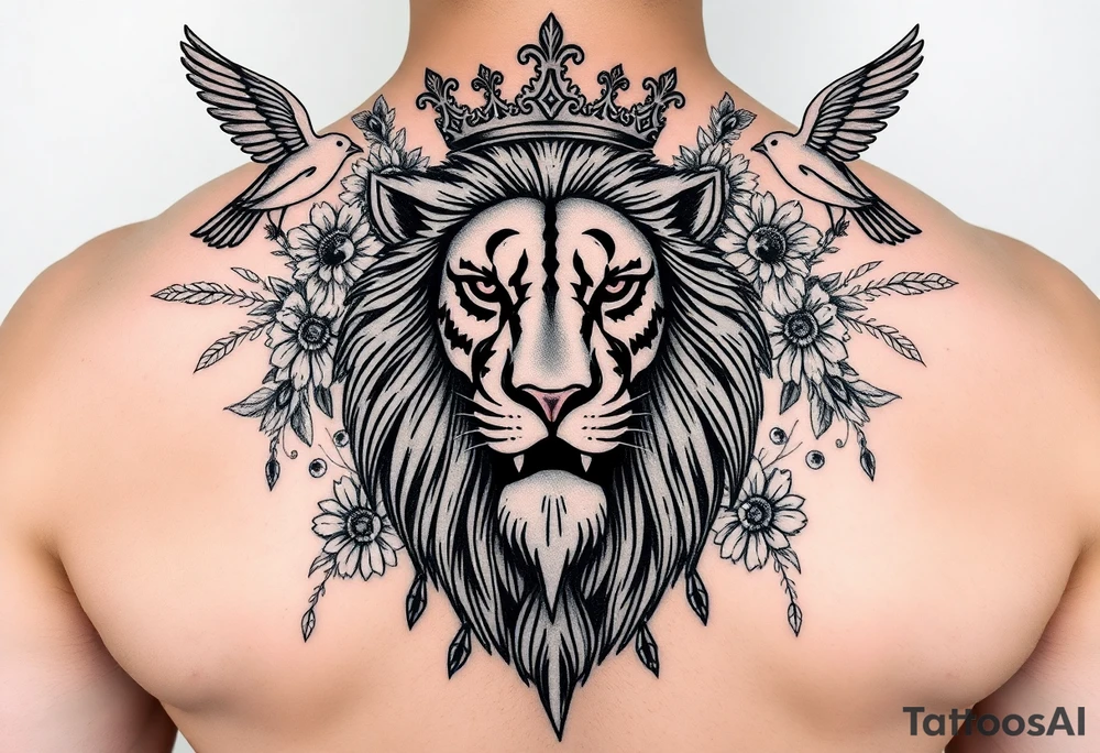 powerful majestic lion with a crown, surrounded by floral ornaments and birds tattoo idea