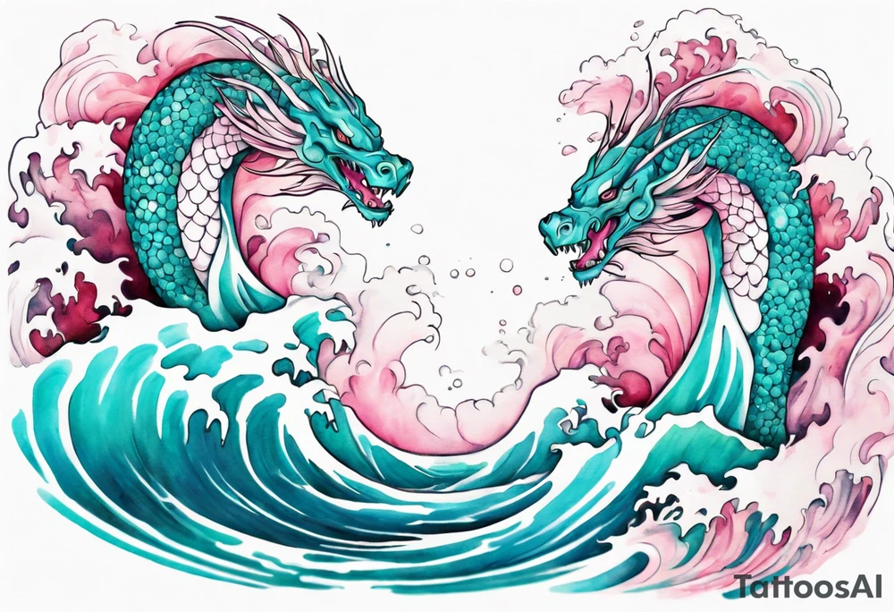 a beautiful turquoise pink and white sea  Fafnir rising from the waves of the ocean tattoo idea