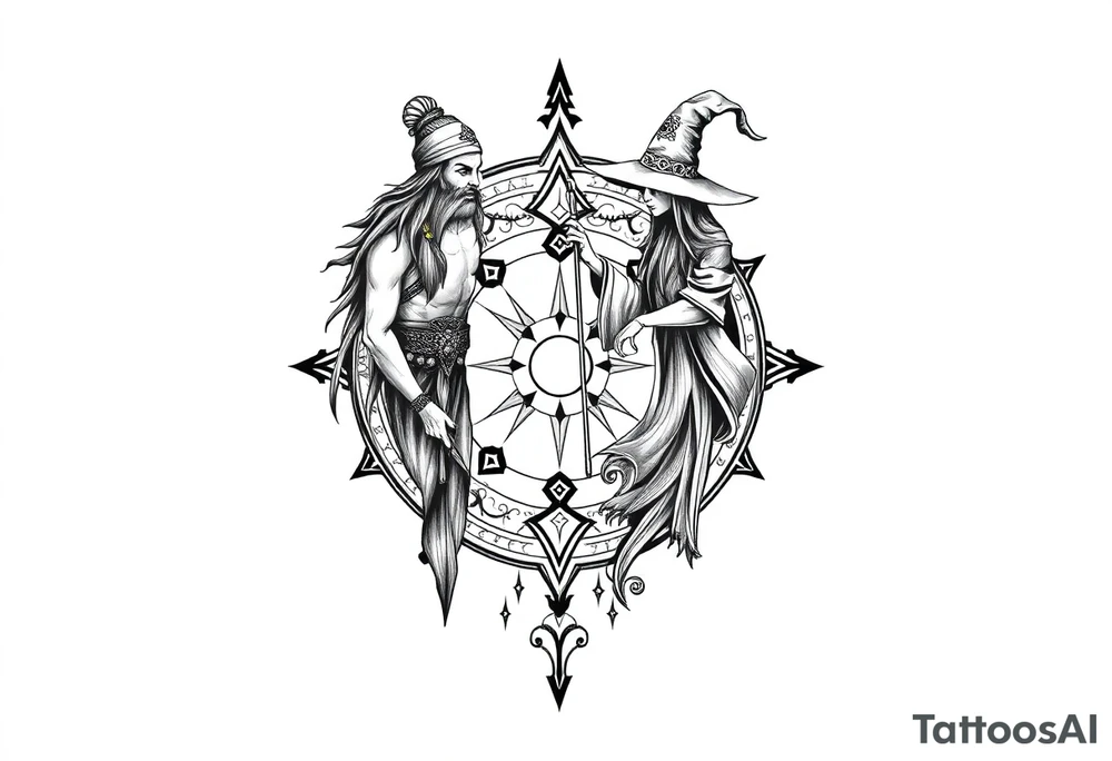 long shaman and witch abstracstyle mytical with ancient rhyme tattoo idea