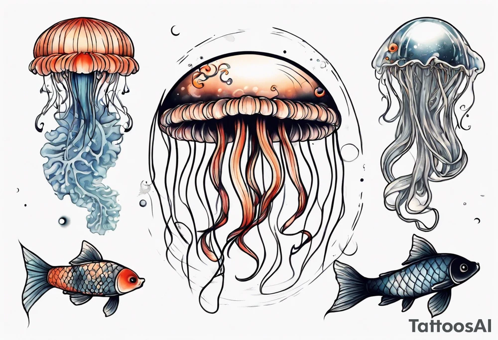 1 jellyfish with the moon in the lid. Then with mini koi carp and jellyfish swimming amongst the tentacles tattoo idea