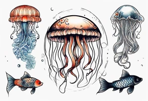 1 jellyfish with the moon in the lid. Then with mini koi carp and jellyfish swimming amongst the tentacles tattoo idea