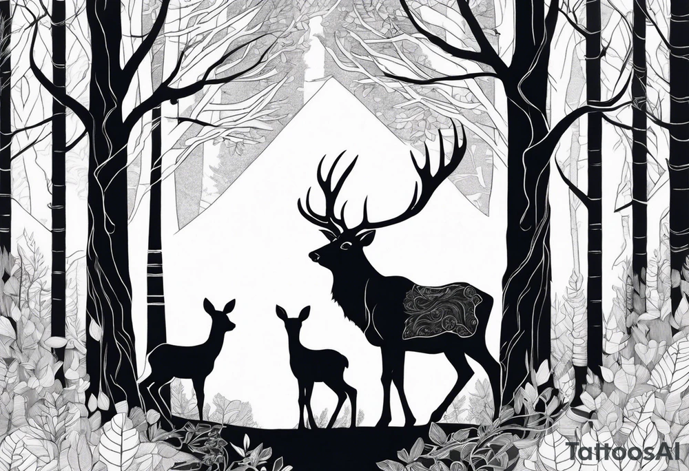 a large majestic male with large antlers, a graceful female and a small fawn. In the background, majestic trees, such as spruce and birch, tattoo idea