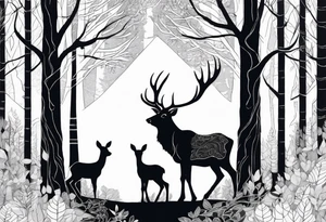 a large majestic male with large antlers, a graceful female and a small fawn. In the background, majestic trees, such as spruce and birch, tattoo idea