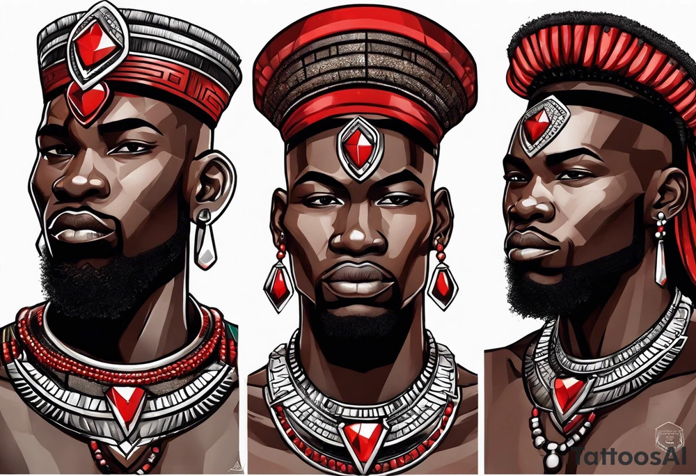 african warrior with a small silver crown and a red necklace tattoo idea