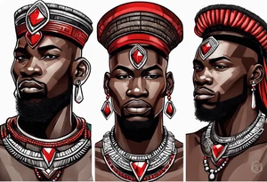 african warrior with a small silver crown and a red necklace tattoo idea