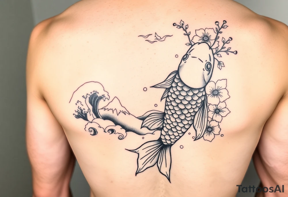 I would make one koi fish with waves, cliffs and sakura Japanese style tattoo idea