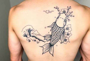 I would make one koi fish with waves, cliffs and sakura Japanese style tattoo idea