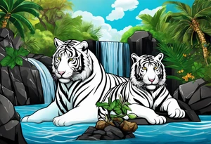 Two tigers: a white tiger and black tiger on opposite sides of a waterfall with an calligraphy ink container at the top and the Bahamas and Jamaica flag on opposite sides. tattoo idea