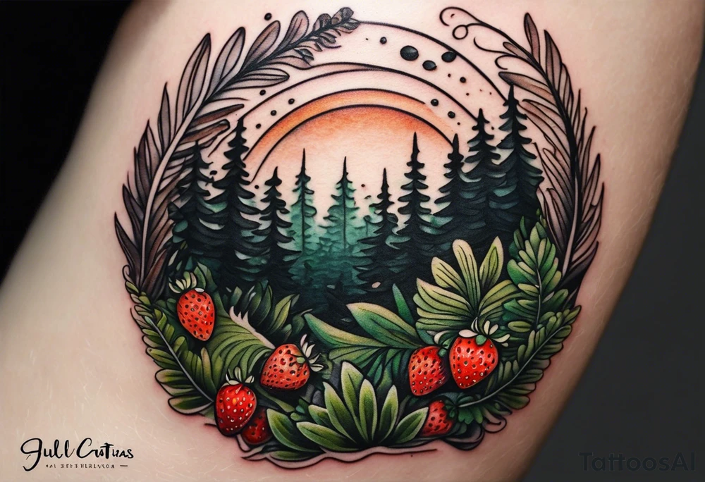 forest floor inspired minimalist tattoo, which includes grass, curly ferns and dead leaves as the bulk of the tattoo. details to include: three very tiny strawberries, a tiny bumblebee flying nearby, three small brown mushrooms tattoo idea