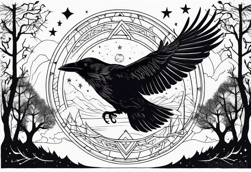 Raven flying, occult, mystical, knowing, light behind its eyes, ethereal, stars and trees in the background tattoo idea