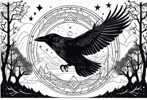 Raven flying, occult, mystical, knowing, light behind its eyes, ethereal, stars and trees in the background tattoo idea