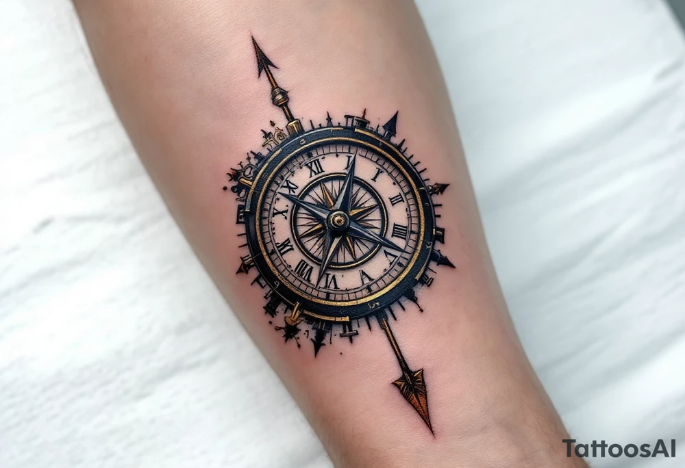 steampunk half compass half clock with a full-length arrow pointing at my wrist and saying "Isaiah 40:31" tattoo idea