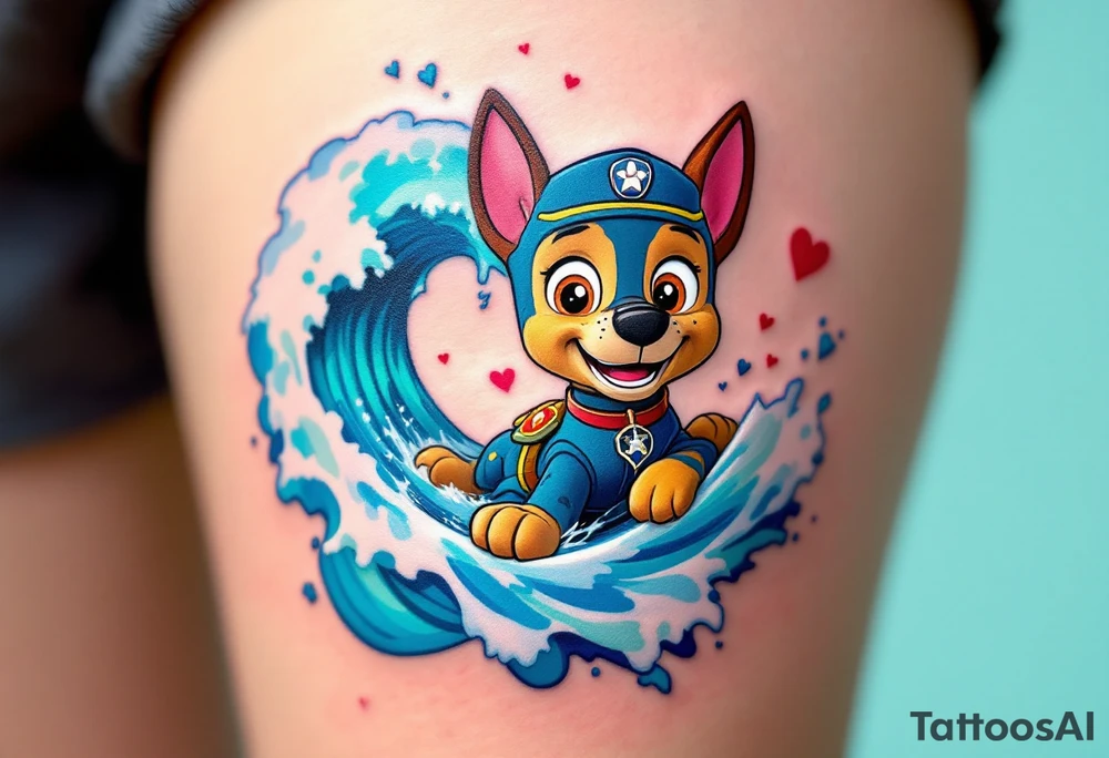 Zuma from Paw Patrol riding a wave with a heart-shaped splash, the wave in shades of turquoise and ocean blue, symbolizing the flow of love and adventure. The heart-shaped splash has soft pink and white details for a romantic touch. tattoo idea