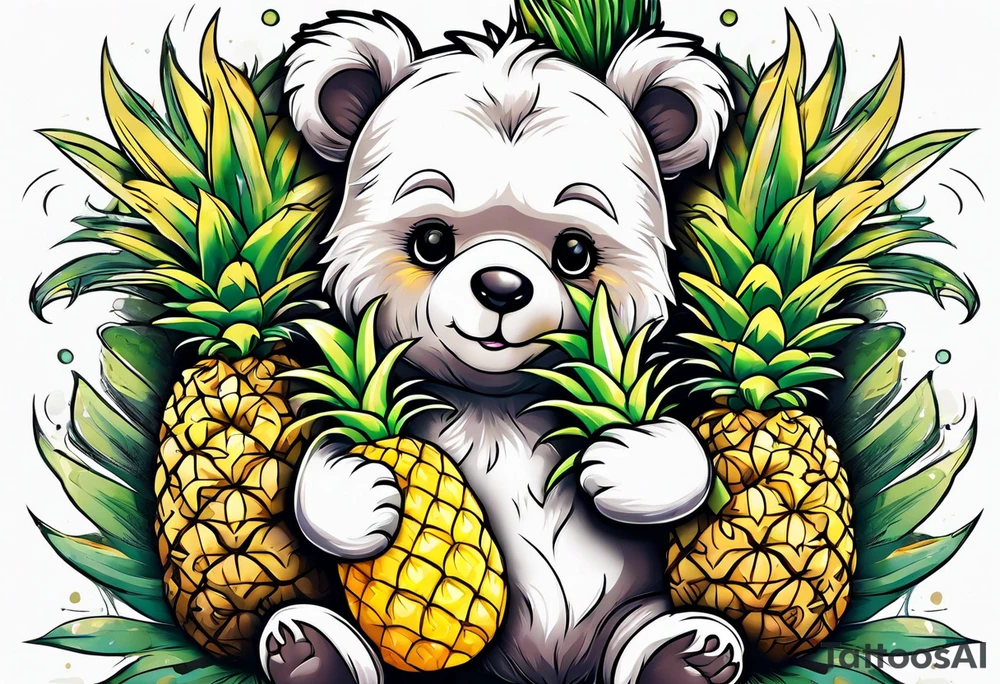 Teddy bear hugging pineapple tattoo idea