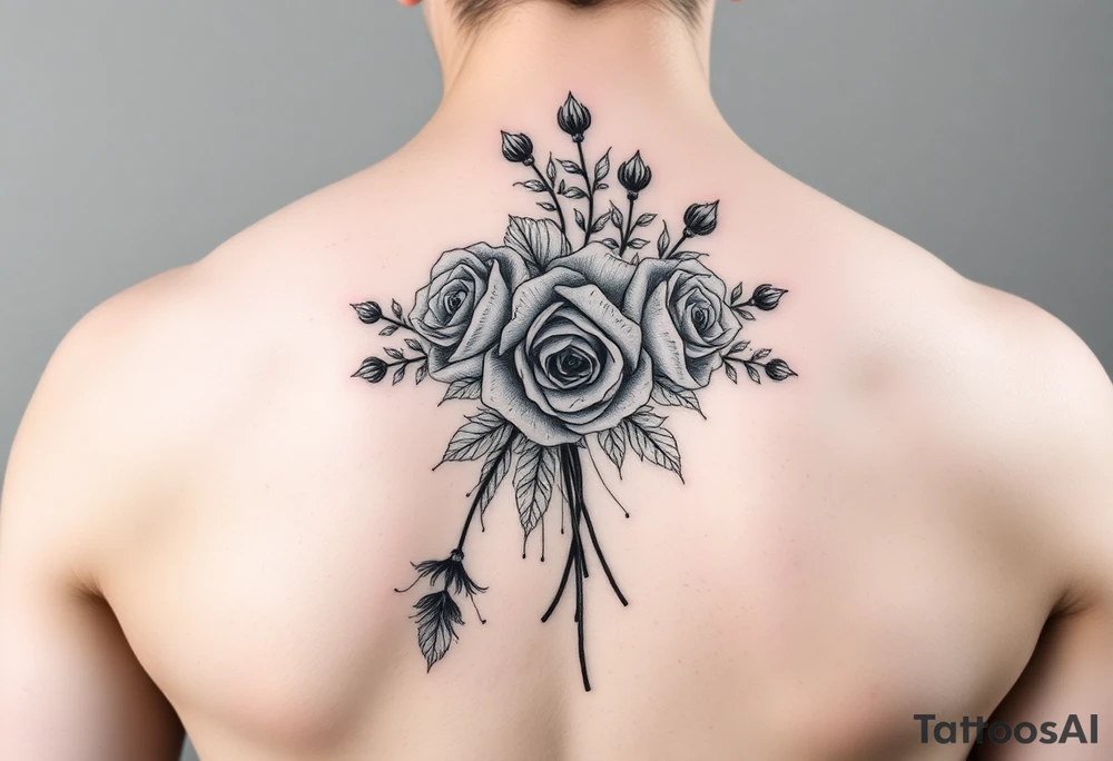 vintage bouquet of wild roses and meadow flowers with morning dew tattoo idea