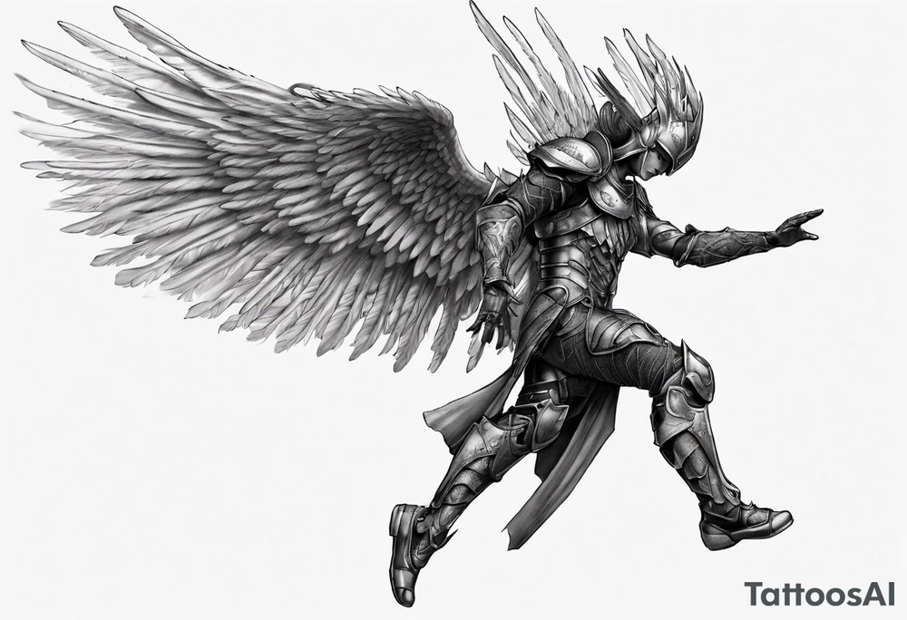 Side view of an black angel wearing inorganic armor that is in mid-air ready to attack tattoo idea