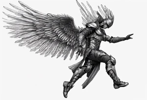 Side view of an black angel wearing inorganic armor that is in mid-air ready to attack tattoo idea