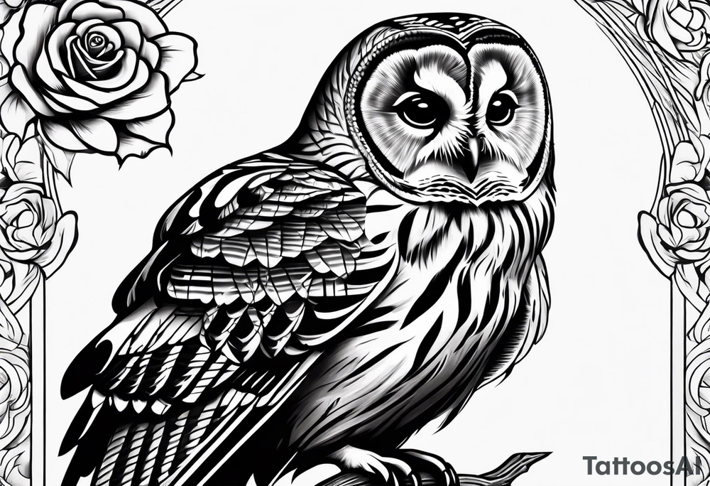 Barred owl with a single rose tattoo idea