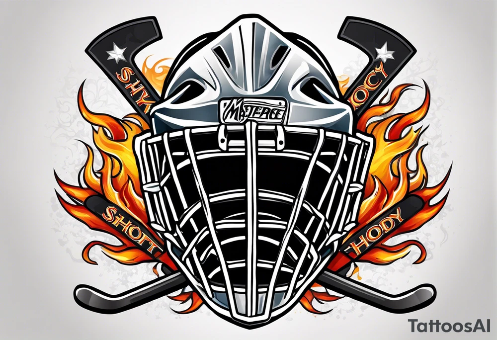 puck hitting a goalie mask with crossed hockey sticks in the background and flames that says "SHOT HOCKEY" tattoo idea