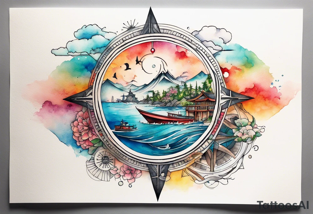 Travel themed for thigh, compass rose overlaid with a landmarks in and around it, spilled watercolor and tiny jet plane silhouette and a tiny speed boat in the water tattoo idea