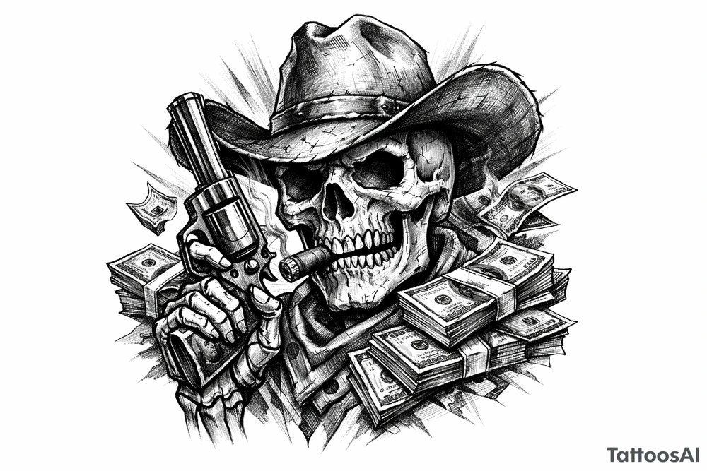 skull with cowboy-hat,cigar in his mouth and a gun in a hand surounded by money. tattoo idea