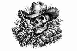 skull with cowboy-hat,cigar in his mouth and a gun in a hand surounded by money. tattoo idea