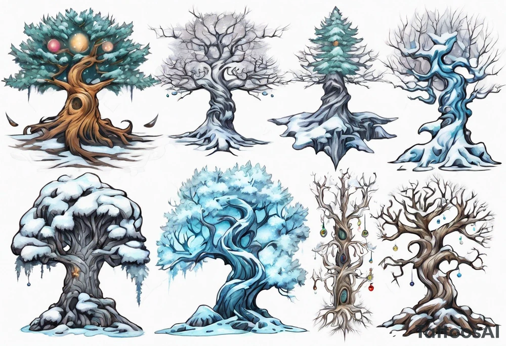 Snowy fantasy tree tattoo idea