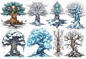 Snowy fantasy tree tattoo idea