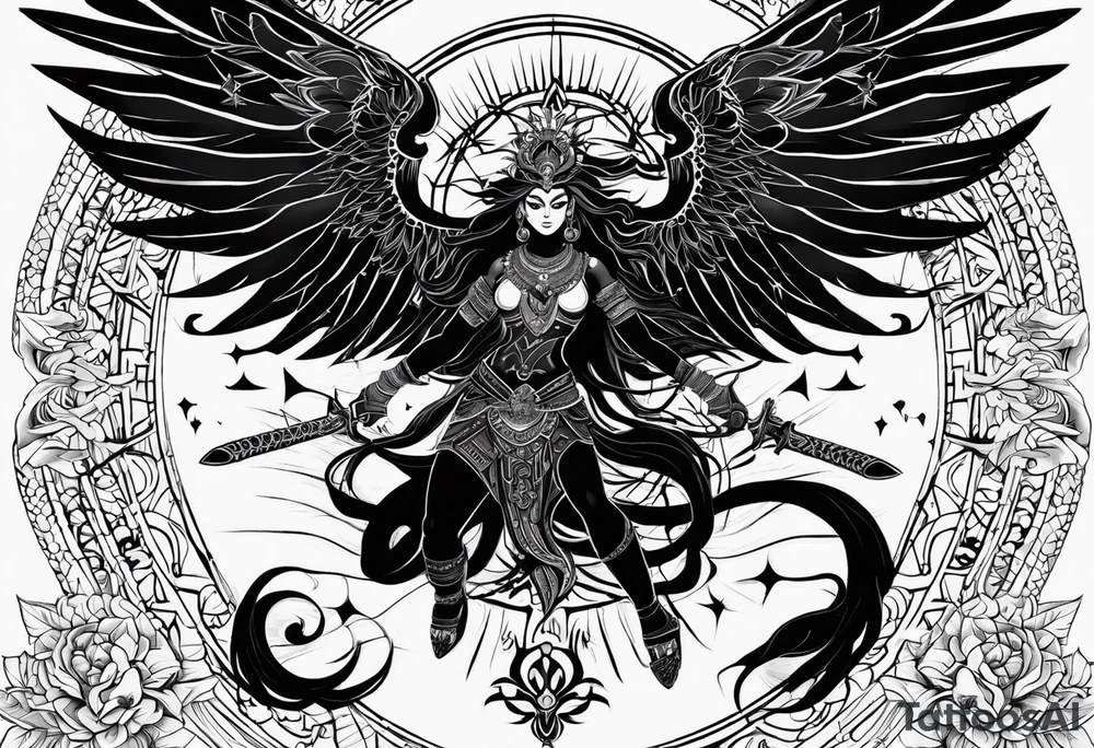 black kali, goddess pirate, alien, angel, pachamama, valkrye, warrior, flying, skull, lotus azul, wing, eagle, zenza resonance, stars, 5D, anahata chakra, death, durga, riding on a tiger, flying lady tattoo idea