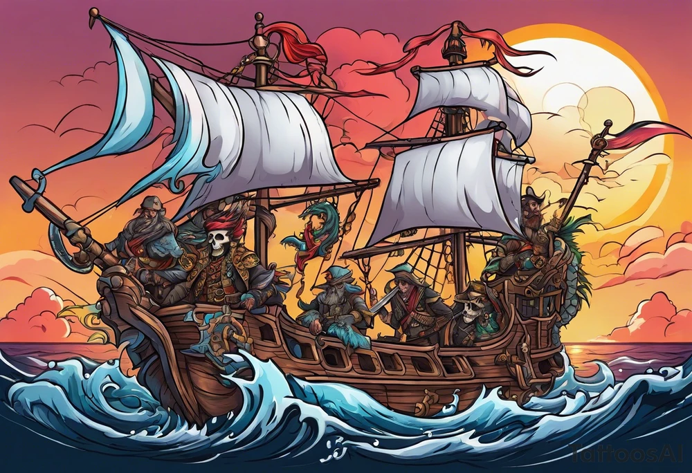 multiple skull pirates together with a sea serpent dragon with a sunset background and sexy wenches tattoo idea