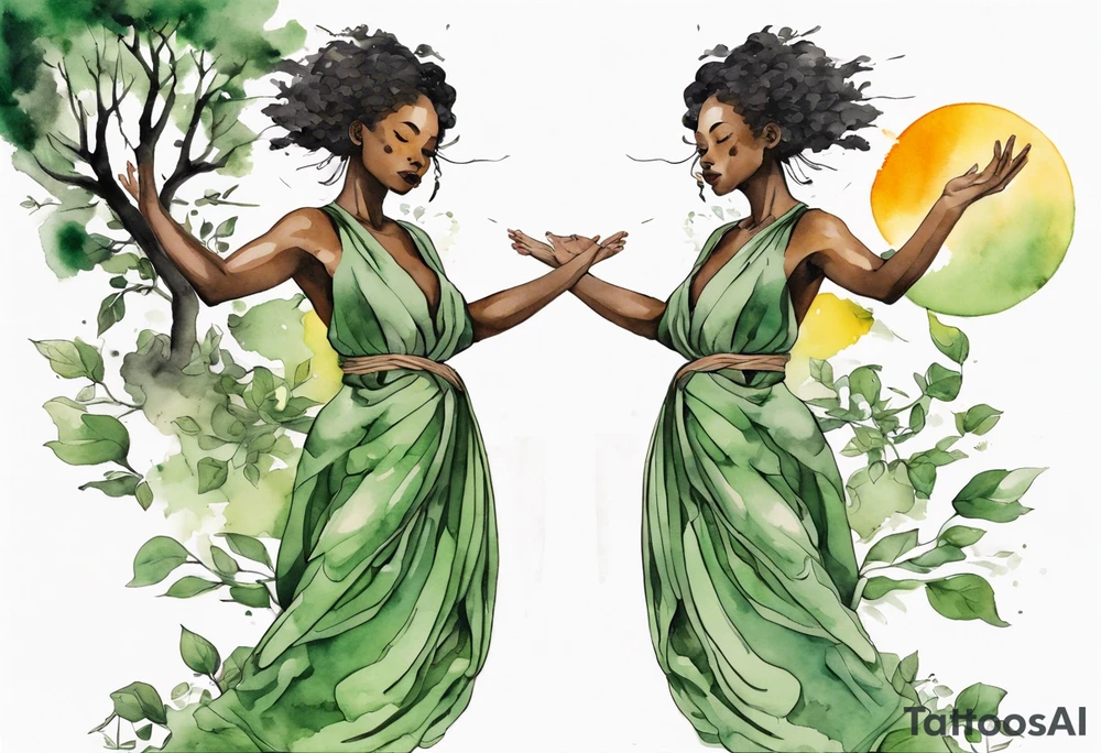 a tree that turns into a black woman reaching with her arms towards the sun, wearing a green tunic tattoo idea